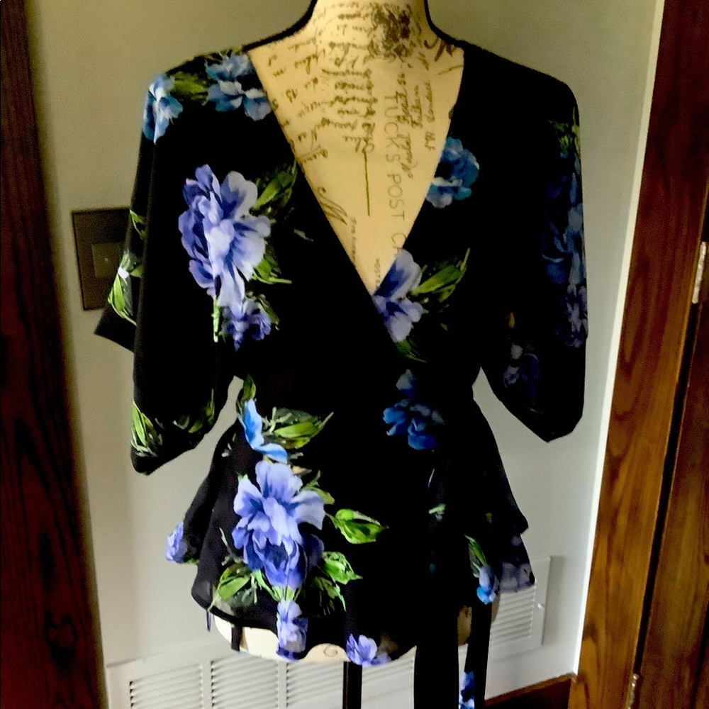 Black short sleeved wrap blouse